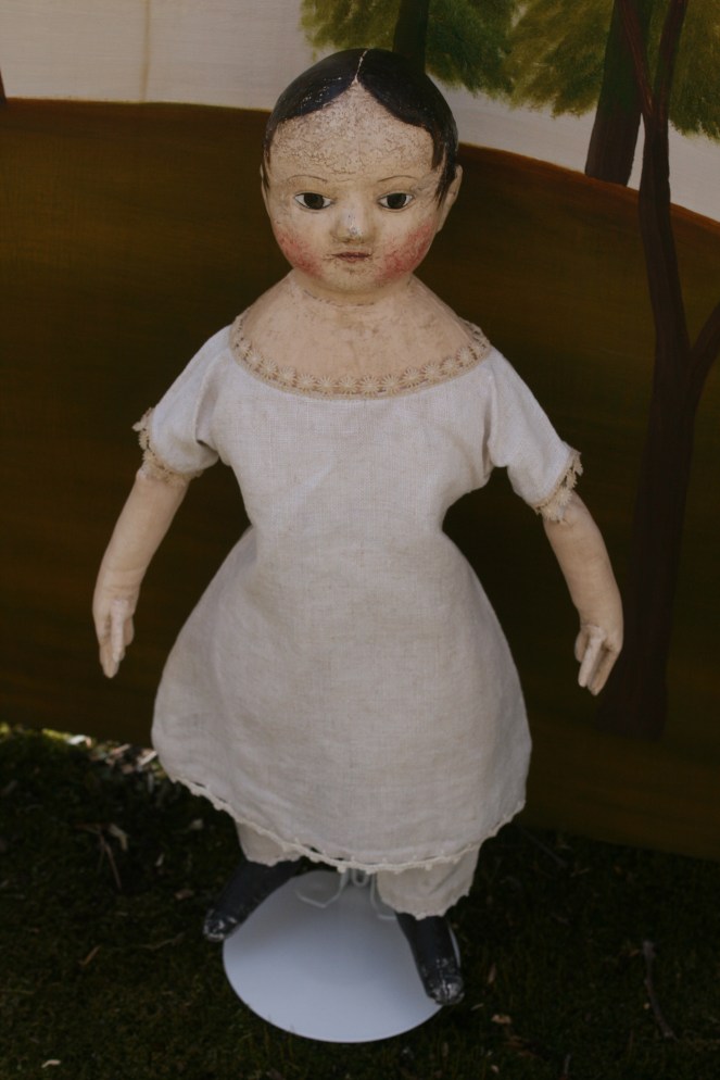 Possibly Bess, Bountiful, Bettany, or ??? My latest doll reminds me of the charming Izannah Walker doll at the South County Museum in Narragansett, Rhode Island.  There is something about the shape of her head and her expression that calls to mind the Rhode Island doll of a century and a half ago...