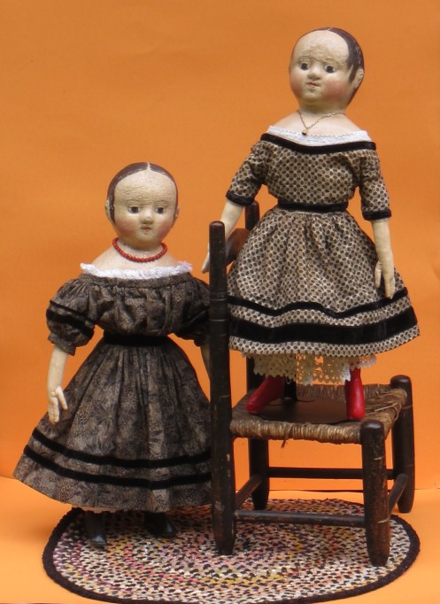Isabeau #2 & Anna #2 show off a little Black Magic for All Hallows Eve.  Black dresses are one of my favorites year around because they are a neutral accent in any room and the dark color will draw your eye to the doll and make her painted features "pop" and glow.