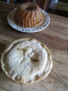 Freshly baked rhubarb pie, with the first of this year's rhubarb from my garden, & vanilla violet pound cake.