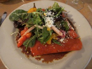 Mexican food for the third time in two days :) This was a truly amazing plate of roasted potato enchiladas w/ garlic and chipotles, wrapped in red corn tortillas and topped with salad.