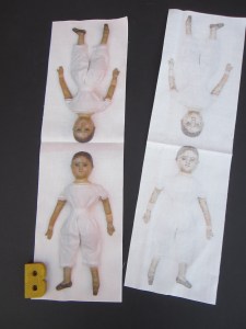 The outline of the doll is clearly visible on the back side of the fabric, which makes stitching them together easier!