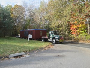 Waiting up the street to pull into our field.