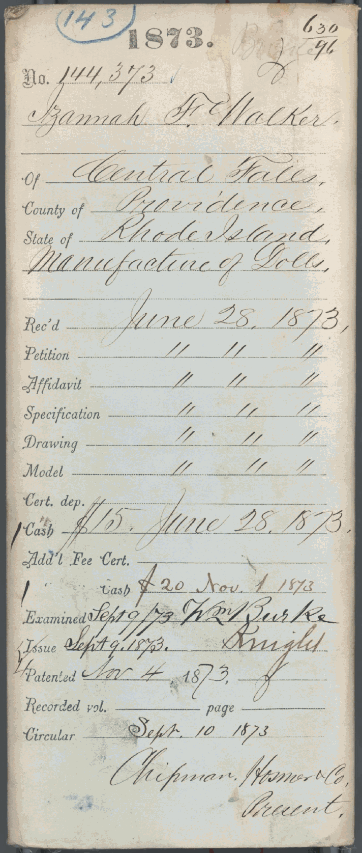 Izannah handwritten patent